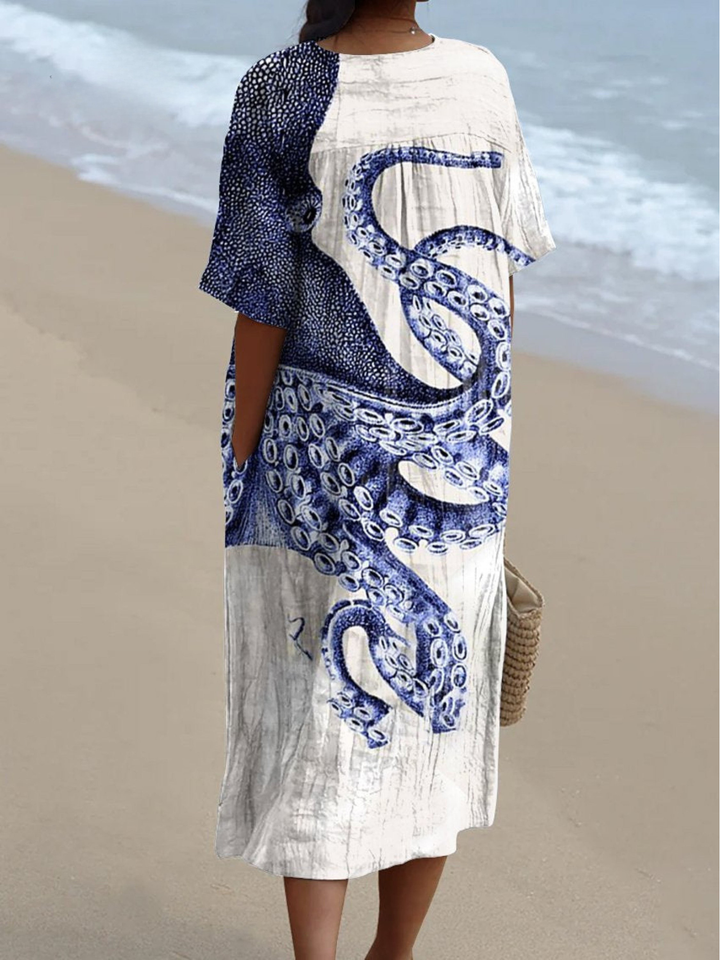 Zoe | Octopus Print V-Neck Midi Casual Dress