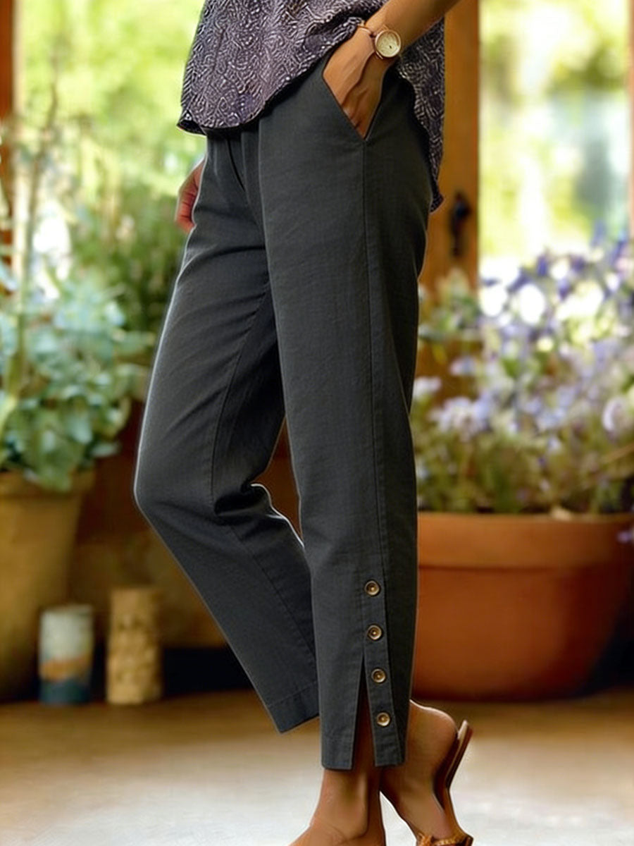 Zoe | Relaxed Wide-Leg Button Linen Pants
