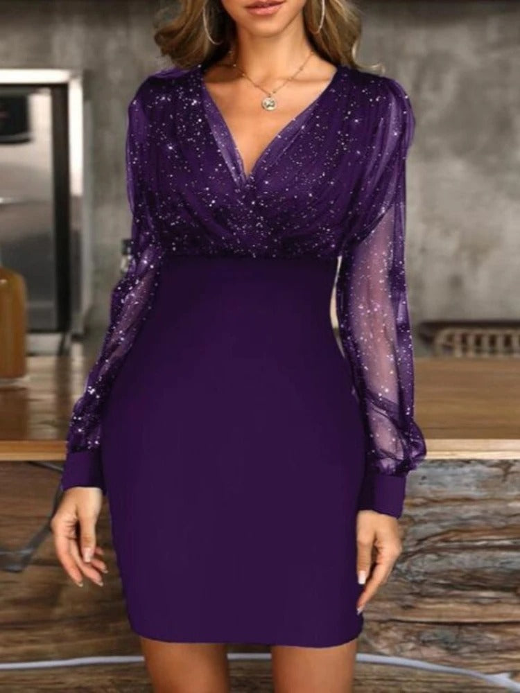 Zoe | Stylish Long Sleeve Sequin Dress with Sheer Mesh Detail