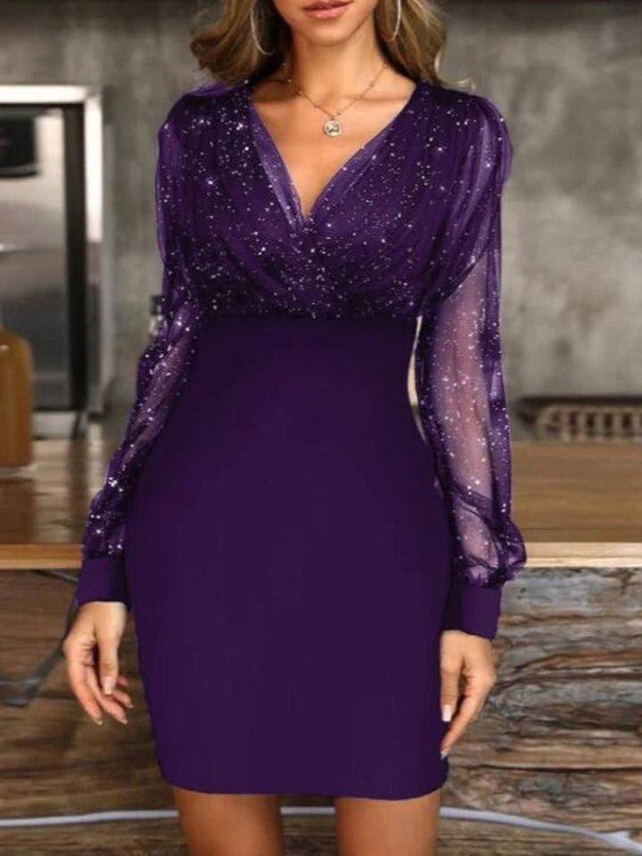 Zoe | Stylish Long Sleeve Sequin Dress with Sheer Mesh Detail