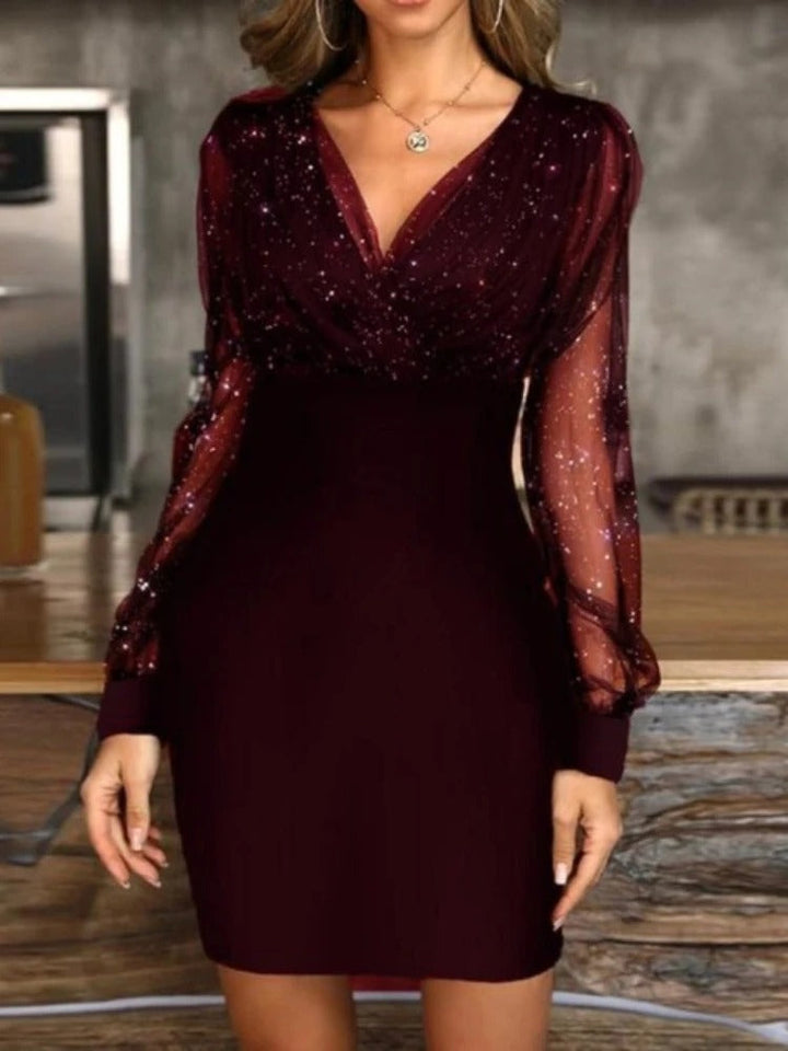 Zoe | Stylish Long Sleeve Sequin Dress with Sheer Mesh Detail