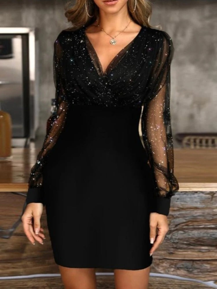 Zoe | Stylish Long Sleeve Sequin Dress with Sheer Mesh Detail