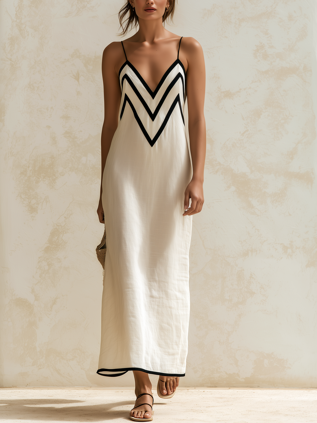 Zoe | Timeless Chevron Trim Slip Linen Dress